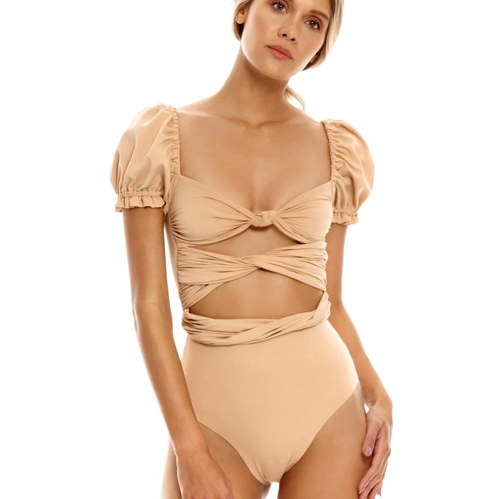 NEW Agua Bendita Beige Oria Dust Halter One Piece Swimsuit M L